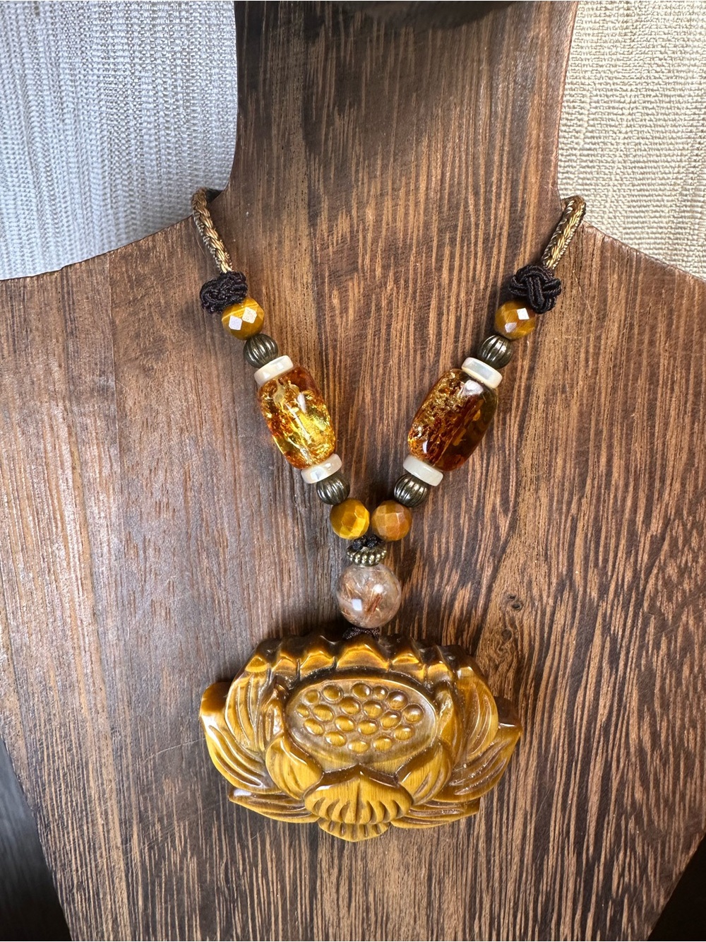 Tiger’s Eye Lotus Pendant Necklace with Golden Rutile and Amber on Rope - Picture 9 of 16